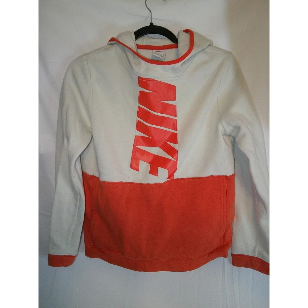 Vintage Nike Hoodie Kids L Orange‎ & White Pullover Sweatshirt Athletic Apparel